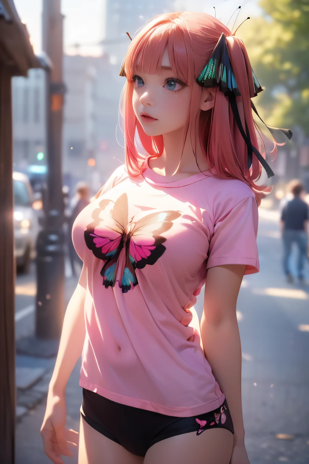 High resolution，highest quality，alone，((Hands behind back:1.5)),（Upper Body），((Nipples))、Cowboy Shot、Cute Face，Pink Hair、Butterfly Hair Ornament、((Shooting from the front:1.5)), ((Tight T-shirt:1.5)), ((Big Breasts:1.7)), 