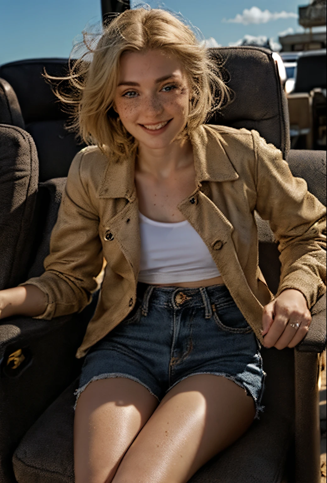 A 21-year-old girl named Kate with short blonde hair, very nice medium breasts, her height is 1.60, white British style, Kate is beautiful, angelic face, has light freckles in the nose area, Kate is wearing a beige leather women's jacket with a white shirt, kate wears a very light pair of jeans with white sneakers, Kate is posing inside a red convertible sports car, Kate has her hand on the steering wheel looking at the camera, Kate is very happy with her car