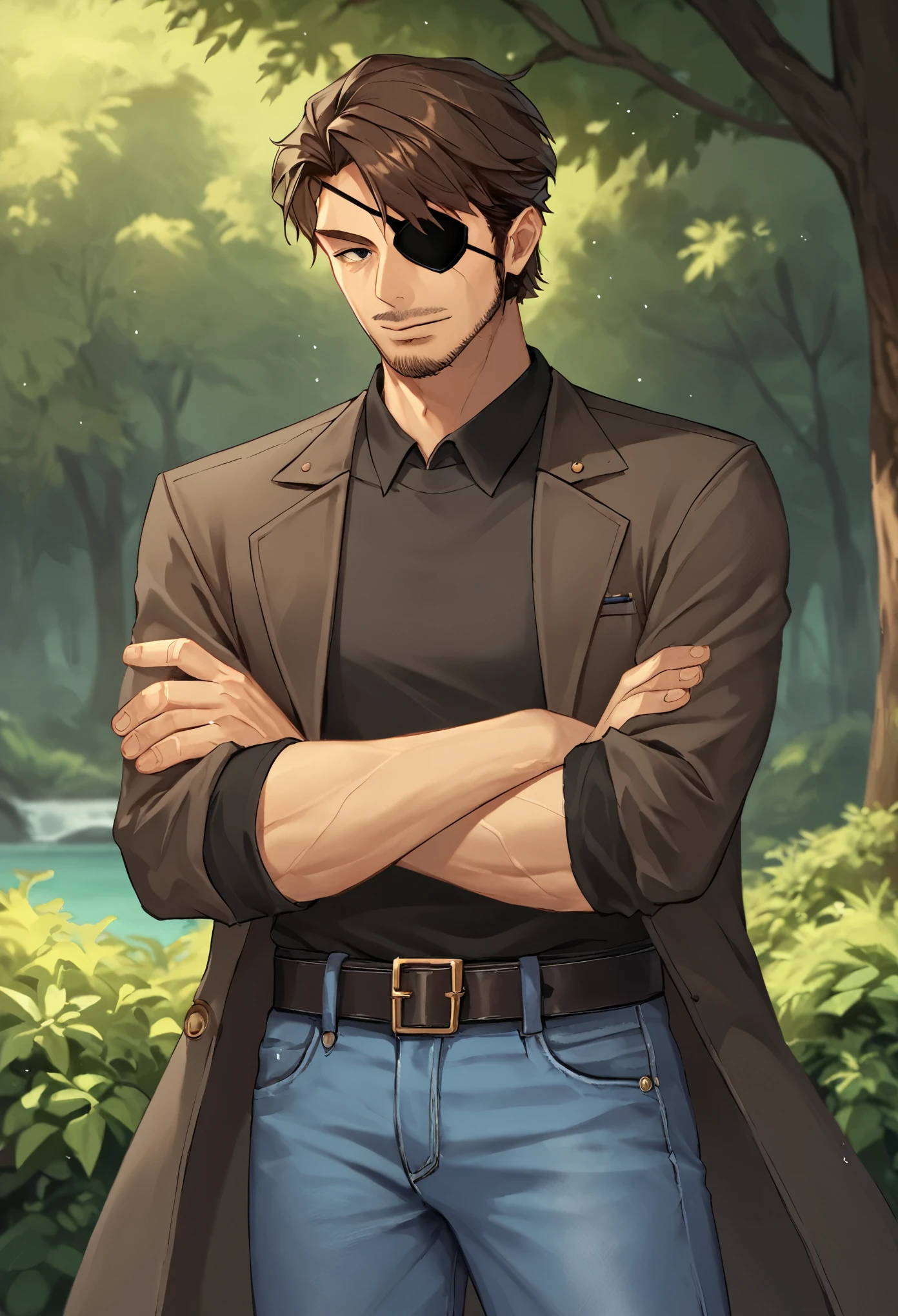 score_9, score_8_superior, score_7_superior, sauce_Anime BREAK Jero Ansen, Mature Men, Brown Hair, black eye, Facial hair, Brown jacket, belt, Light blue jeans, indoor, Are standing, Casual wear,Wearing an eye patch over one eye