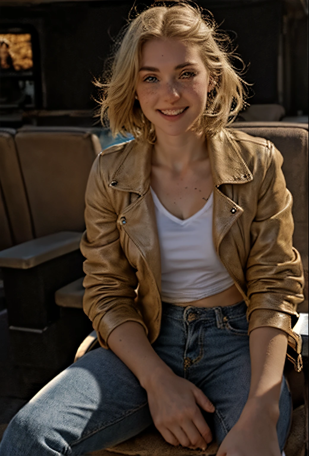 A 21 year old girl named Kate with short blonde hair, beautiful medium breasts, her height is 1.60, white British style, her eyes are light blue, Kate is beautiful, angelic face, has freckles in the nose area, Kate is wearing a beige leather women's jacket with a white shirt, kate wears a very light pair of jeans with white sneakers, Kate is sitting in a movie theater armchair with a bucket of popcorn on her lap paying attention to the movie, Kate is happy