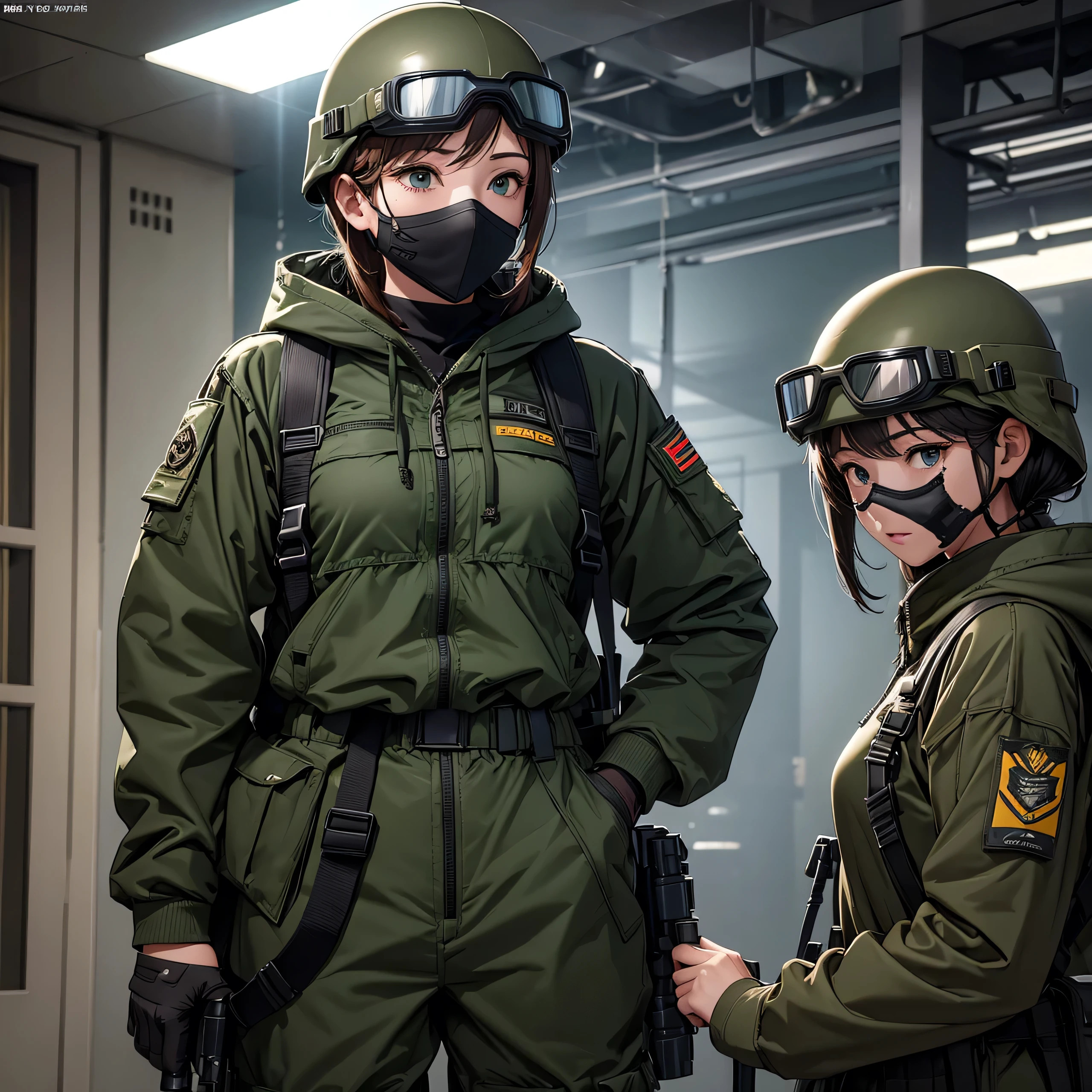 Three female soldiers special forces wearing helmets、Magazine Pouch、Tactical harness、Front dark green hoodie M51 military uniform、military trousers、side by side、Mask、Goggles、Write details、masterpiece、best quality、Highly detailed CG、8K picture quality、theater lighting、lens flare