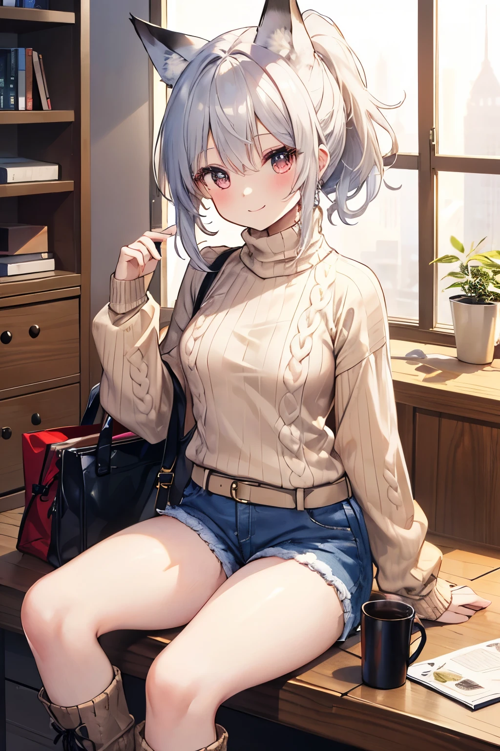 Silver Hair、Red Eye、Fox Ears、girl、Small breasts、ponytail、girl、Small breasts、Lolita、Bright smile、Looks about 15 years old、Petan Musume、short、目のhighlight、Sexy thighs、(Long knit sweater with beige high neck:1.4), ,(Blue jeans fabric shorts),(Black boots)、(Small Black Enamel Bag)、Your eyes are so beautiful、highlight