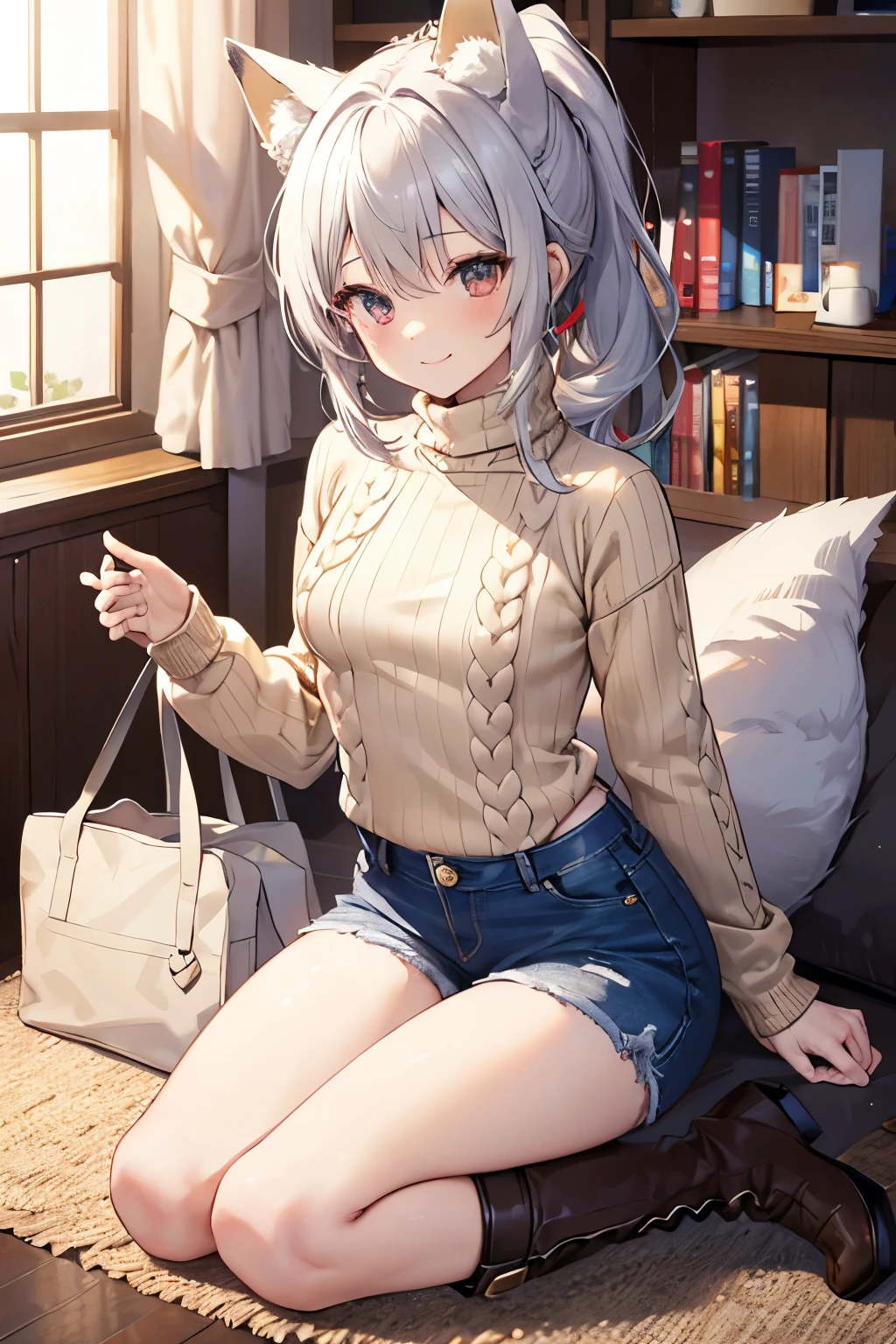 Silver Hair、Blue Eyes、girl、Small breasts、Twin tails、girl、Small breasts、Lolita、Bright smile、Looks about 15 years old、Petan Musume、short、目のhighlight、Sexy thighs、(Long knit sweater with beige high neck:1.4), ,(Blue jeans fabric shorts),(Black boots)、(Small Black Enamel Bag)、Your eyes are so beautiful、highlight