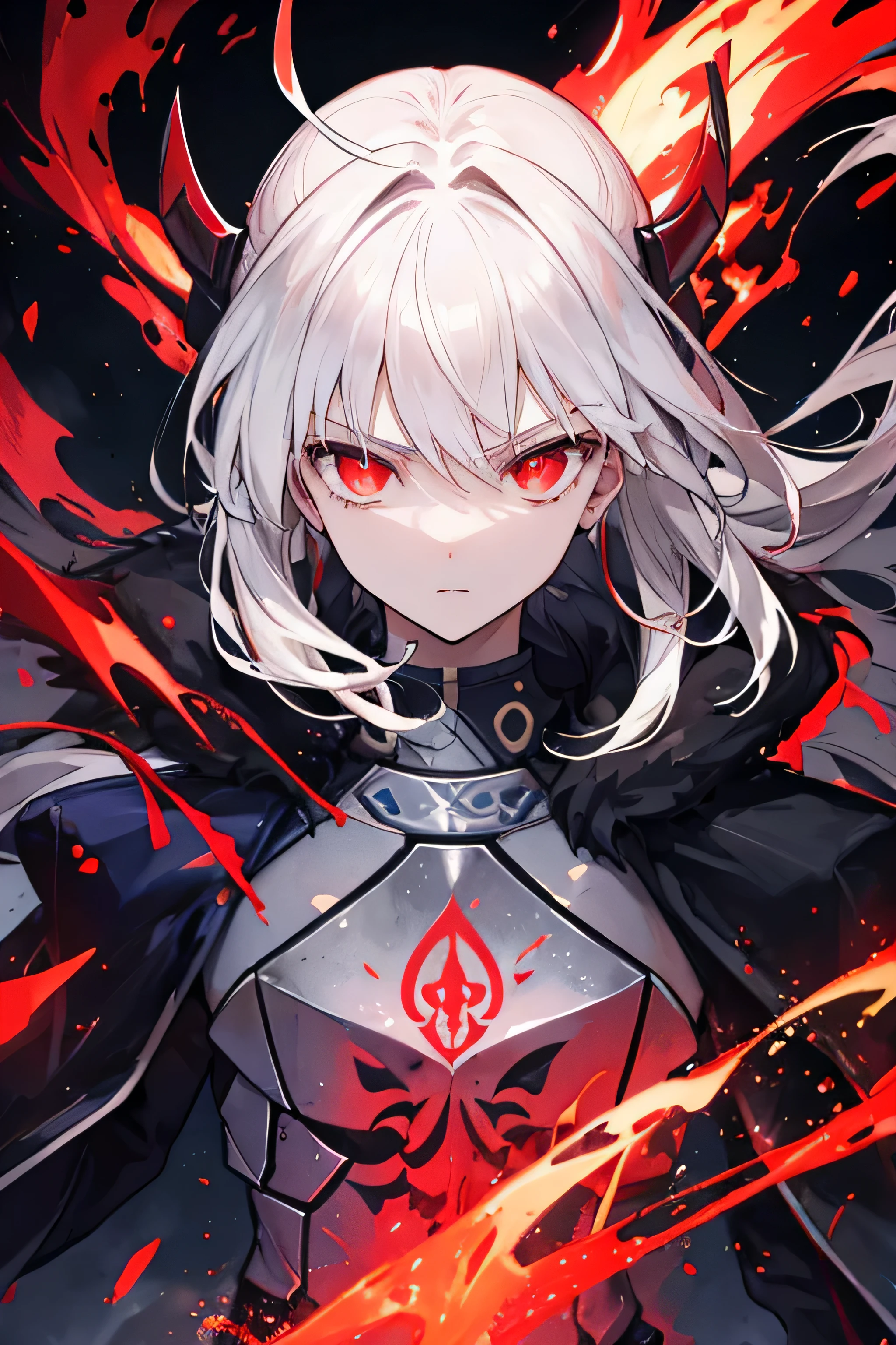 ((best quality)), ((masterpiece)), (detailed), perfect face, Artoria ((Fate)), beautiful face, beautiful body, cold gaze, red eyes, glowing eyes, detailed eyes, white hair, detailed hair, holding sword, black sword, weapon, realistic, fighting style, red glowing sword, black aura, red aura, black particles, red particles, black armor dress, bettlefield, chaos, flames, red light, ((best resolution)).