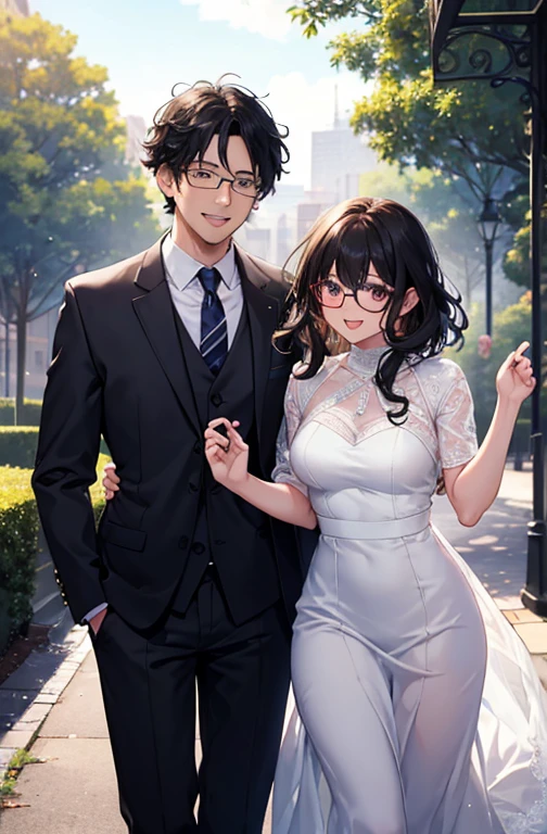(masterpiece:1.2), high quality, high resolution, a 30-year-old man with his first girlfriend, black curly hair, wearing glasses, suit without a jacket, woman in a white dress, laughing and talking happily in a park, joyful atmosphere, bright lighting, cheerful expressions, detailed, intricate, beautiful lighting, natural background, fun and livel
