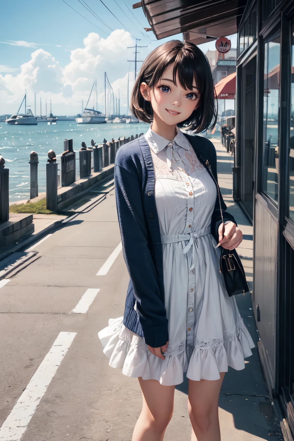 very cute and beautiful girl,(highly detailed beautiful face and eyes),
frilled white summer dress with detailed lace,(navyblue cardigan),standing,
road side of seaside town street,harbor,marina,beautiful summer sky,
(smile:1.2),happy,black hair,mid shot,holding cute fashion bag,detailed legs,
(best quality,masterpiece),absurdres,highres,ultra-detailed,extremely detailed,32k,8k resolution,
intricate details,cinematic scene,detailed background,solo,dynamic angle,