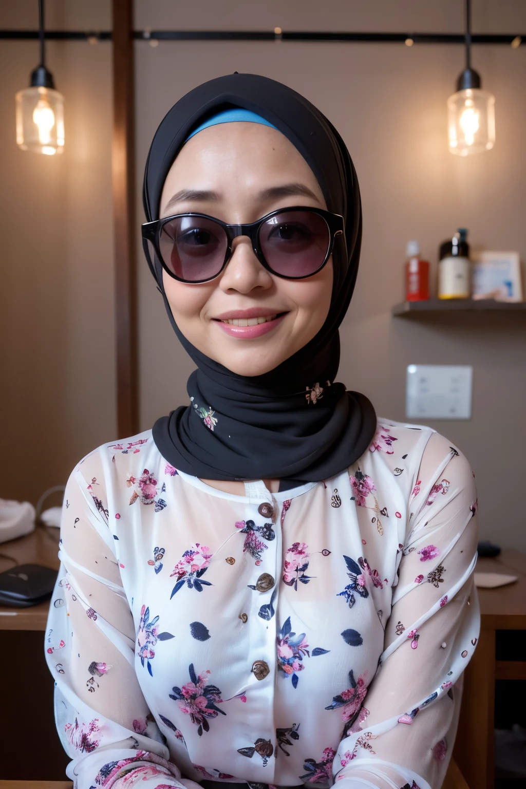 (((SUNGLASSES))), ((Old body lady:1.3)), ((Old lady:1.6)), (Happy smile), (((HIJAB MALAY GIRL))), masutepiece, High quality, UHD 32K, Realistic face, Realistic skin feeling , A Japanese Lady, 58 years old matured lady, , Very cute and baby-like face, (((FLAT CHEST))), (Night time at forest), ((look In front at the camera and SADNESS)), (((CUTE GIRL))), ((WHITE FLUORESCENT LIPS)), ((Floral Pattern)) little ((wearing Transparencyy t-shirt without picture)), dark night background , black forest night, horror scary place, (from behind up) seductive pose, ((Transparencyy t-shir)) Heavy Nipples, from view side seductive pose