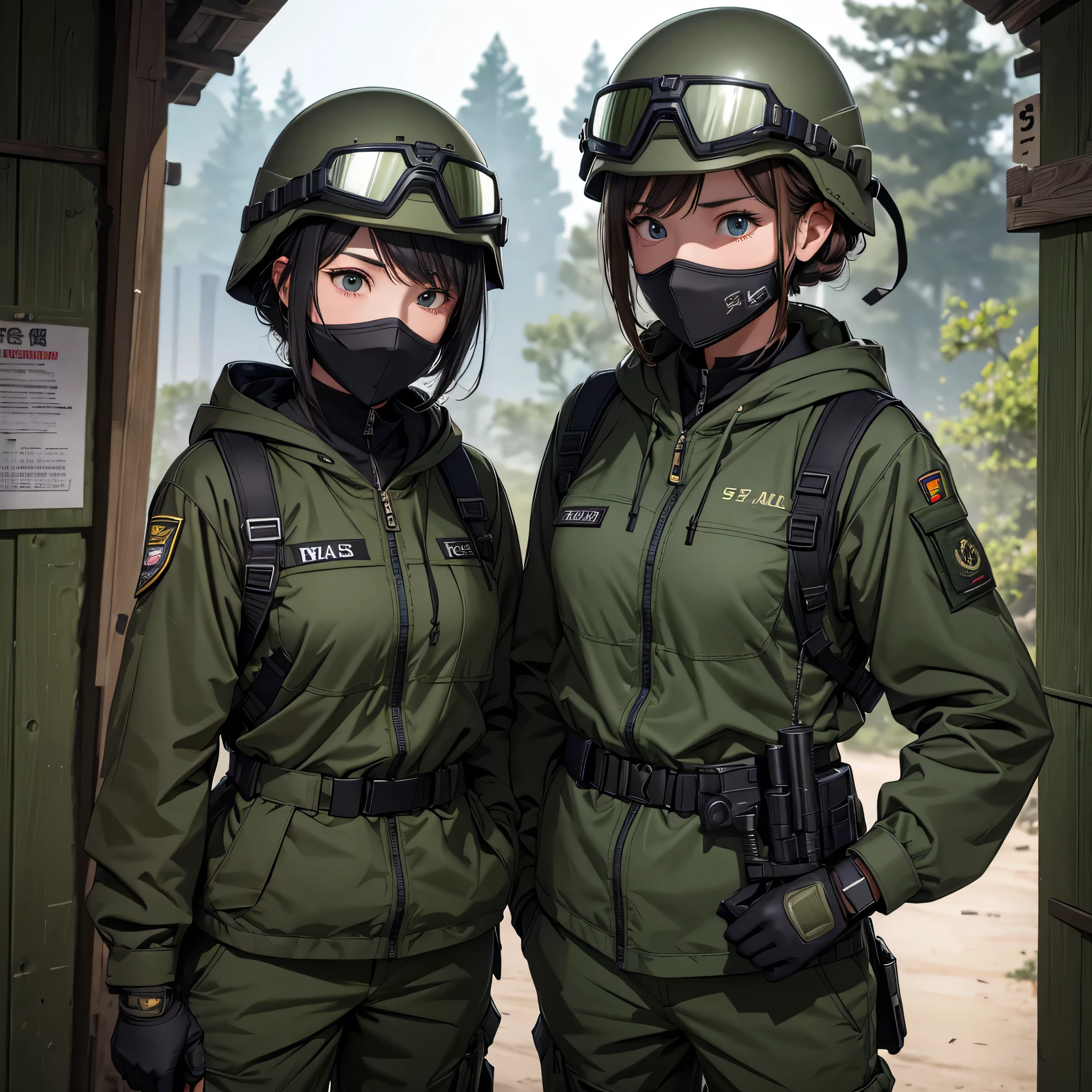 2 female soldiers wearing helmets special forces、Magazine Pouch、Tactical harness、front、Dark green M51 military uniform、hoodie、military trousers、side by side,patrol、Tactical masks、Goggles、Write details、masterpiece、best quality、Highly detailed CG、8K picture quality、theater lighting、lens flare