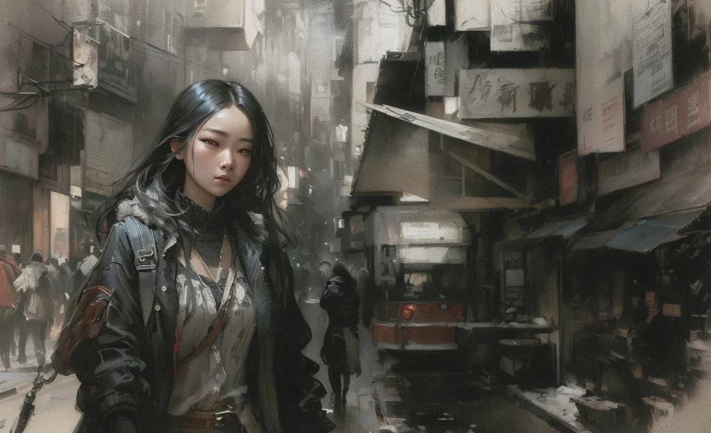 Painting of a woman walking down a city street, with influence of Jeremy Mann, Gweitz masterpiece, artwork in the style of Gweitz, style of Jeremy Mann, Gweitz, Jeremy Mann, Inspired by Yanjun Chen, Jeremy Mann art, Jeremy Mann painting, Written by Zou Zhe, by Zhang Han, hiroya oku painterly, Sharp images, High contrast, Adding color