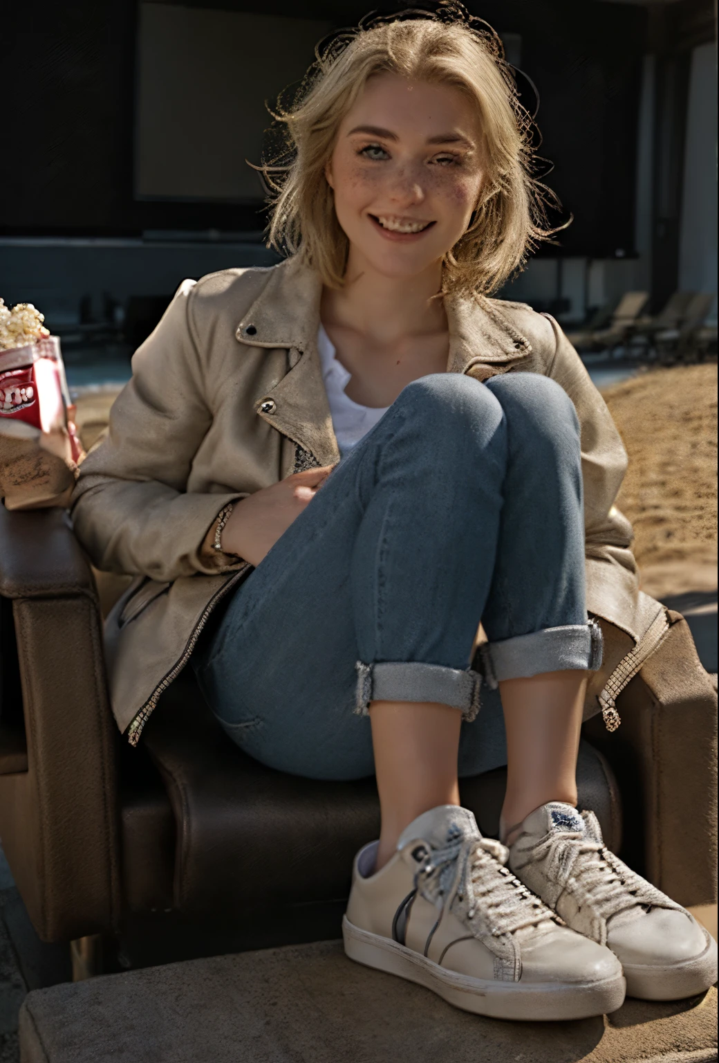 A 21 year old girl named Kate with short blonde hair, beautiful medium breasts, her height is 1.60, white British style, her eyes are light blue, Kate is beautiful, angelic face, has freckles in the nose area, Kate is wearing a beige leather women's jacket with a white shirt, kate wears a very light pair of jeans with white sneakers, Kate is sitting in a movie theater armchair with a bucket of popcorn on her lap paying attention to the movie, Kate is happy