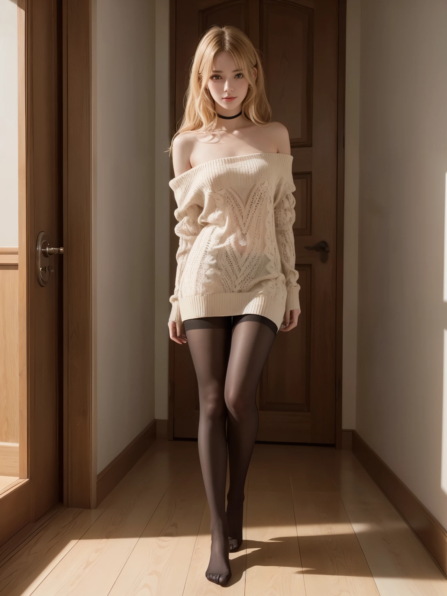 ulzzang-6500-v1.1,  (RAW Photos:1.2), (Photorealistic), (See through:1.3), (Genuine: 1.4), 驚異的な美しさのRussian girl、驚異的な美しさのRussian girl、Very beautiful blonde hair、************、height　154cm、Became a slime、small、A smile of shame、 (Oversized tunic sweater : 1.3), Show me your shoulders、clavicle、(smallパンティーを履いてください)、(Ultra-realistic pantyhose:1.3)、(Full Body Shot:1.5), While opening the door、Russian Model, Russian girl, Neat and clean Russian woman, Russian Goddess, RAW Photos, (In 8K、highest quality、masterpiece:1.2)、(Intricate details:1.4)、(Photorealistic:1.4)、Octane Rendering、Highly detailed and intricate 3D rendering, Soft studio light, Rim Light, Crisp details, Super detailed, Realistic skin texture, Surface Details, Beautiful eyes in every detail, Highly detailed CG Unity 16k wallpaper, Compensate, (Detailed Background:1.2),　Shiny skin、Exposed thighs!!!、