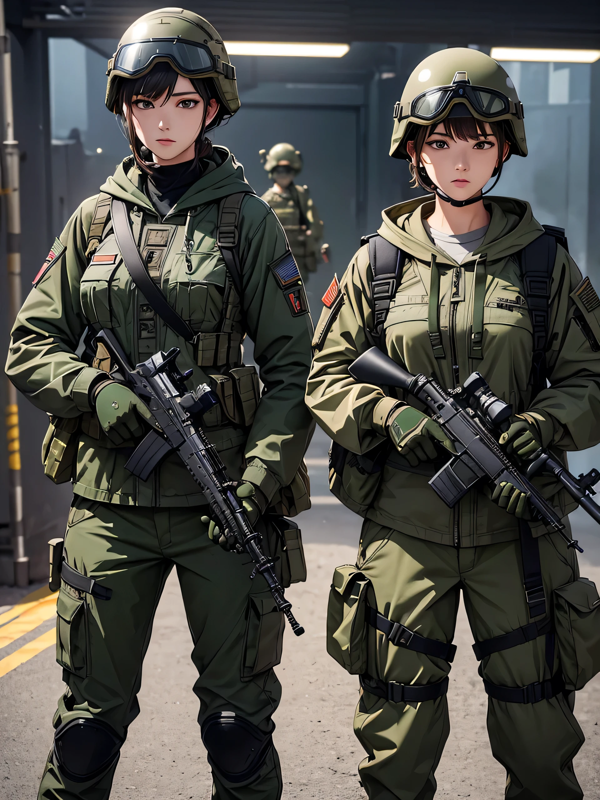 2 female soldiers wearing helmets special forces、Bullet belt、Military slings、front、Dark green M51 military uniform、hoodie、military trousers、side by side,patrol、Tactical masks、Goggles、Write details、masterpiece、best quality、Highly detailed CG、8K picture quality、theater lighting、lens flare