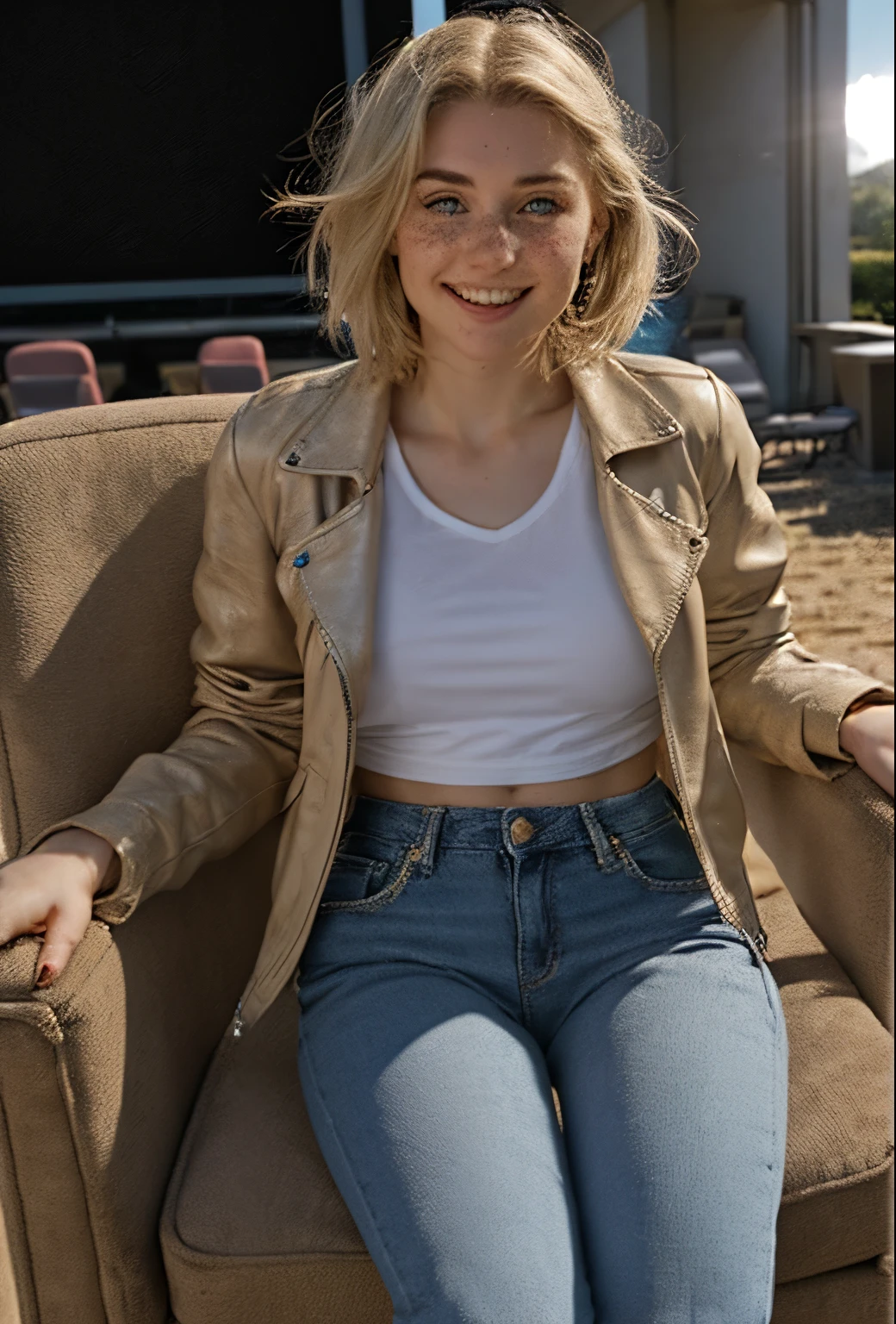 A 21 year old girl named Kate with short blonde hair, beautiful medium breasts, her height is 1.60, white British style, her eyes are light blue, Kate is beautiful, angelic face, has freckles in the nose area, Kate is wearing a beige leather women's jacket with a white shirt, kate wears a very light pair of jeans with white sneakers, Kate is sitting in a movie theater armchair with a bucket of popcorn on her lap paying attention to the movie, Kate is happy