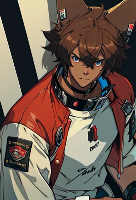 Human Male, Brown hair, wearing red shirt, ((wearing big dog Collar )), Black pupils, Guilty Gear 