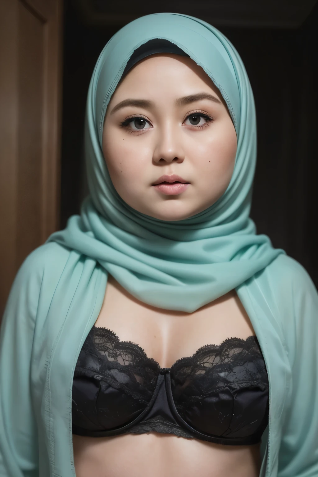 ((Chubby:1.4)), ((HIJAB)), WEARING STRAPLESS PATTERN FLORAL BRA, (Best Quality, hight resolution, Realistic:1.37), The Frightened Woman, standingn,  Distressed flared satin, cloudy water, Sinking Feeling, gloomy atmosphere, Foggy surroundings, dark shadows, A Surreal Touch, soft-lighting, creepy ambiance, can't cope with shame, half body, Being in the middle of a very creepy and dark city