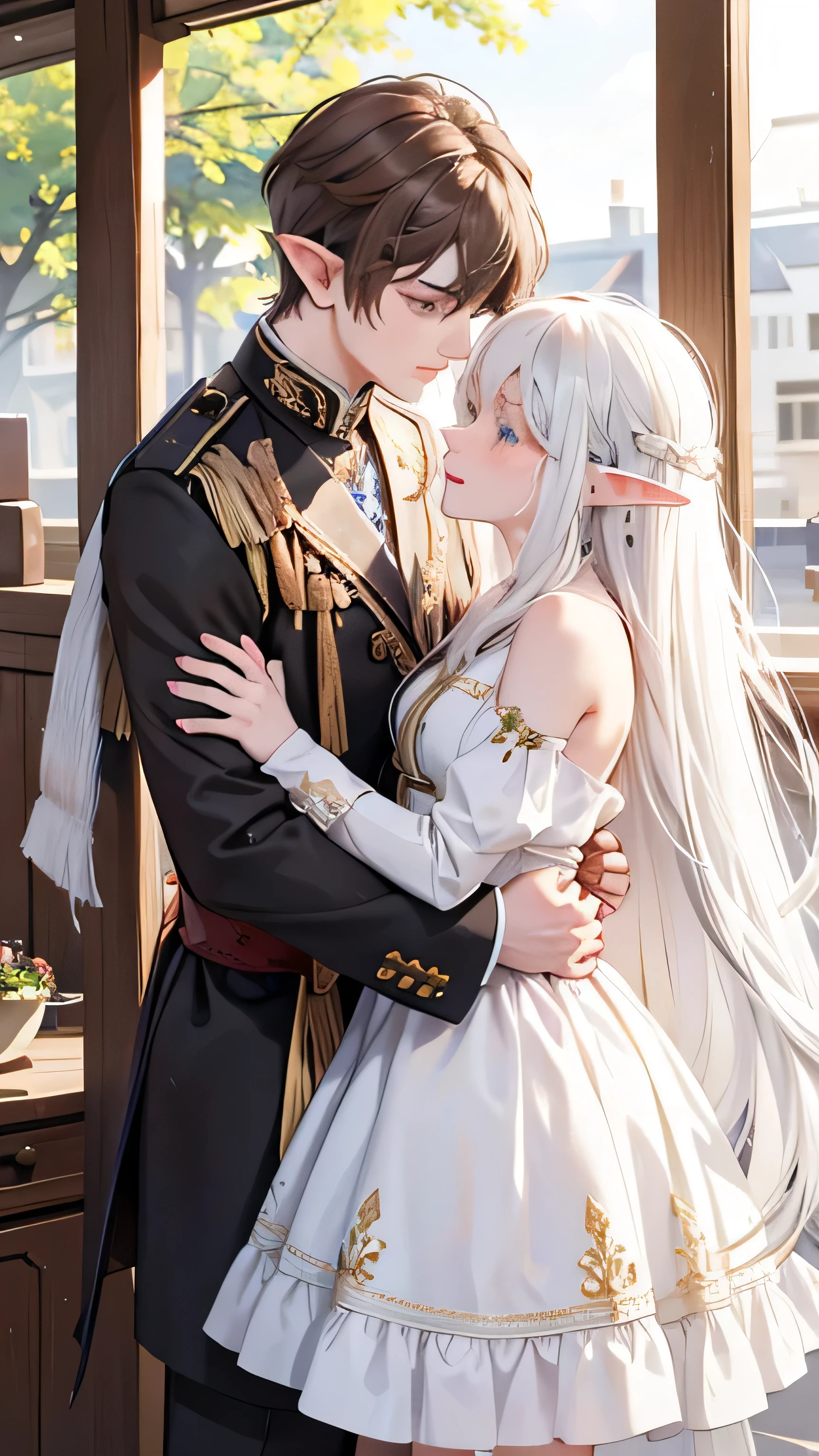 an elf couple gets angry and cry (the woman has long white hair and the man has short brown hair)