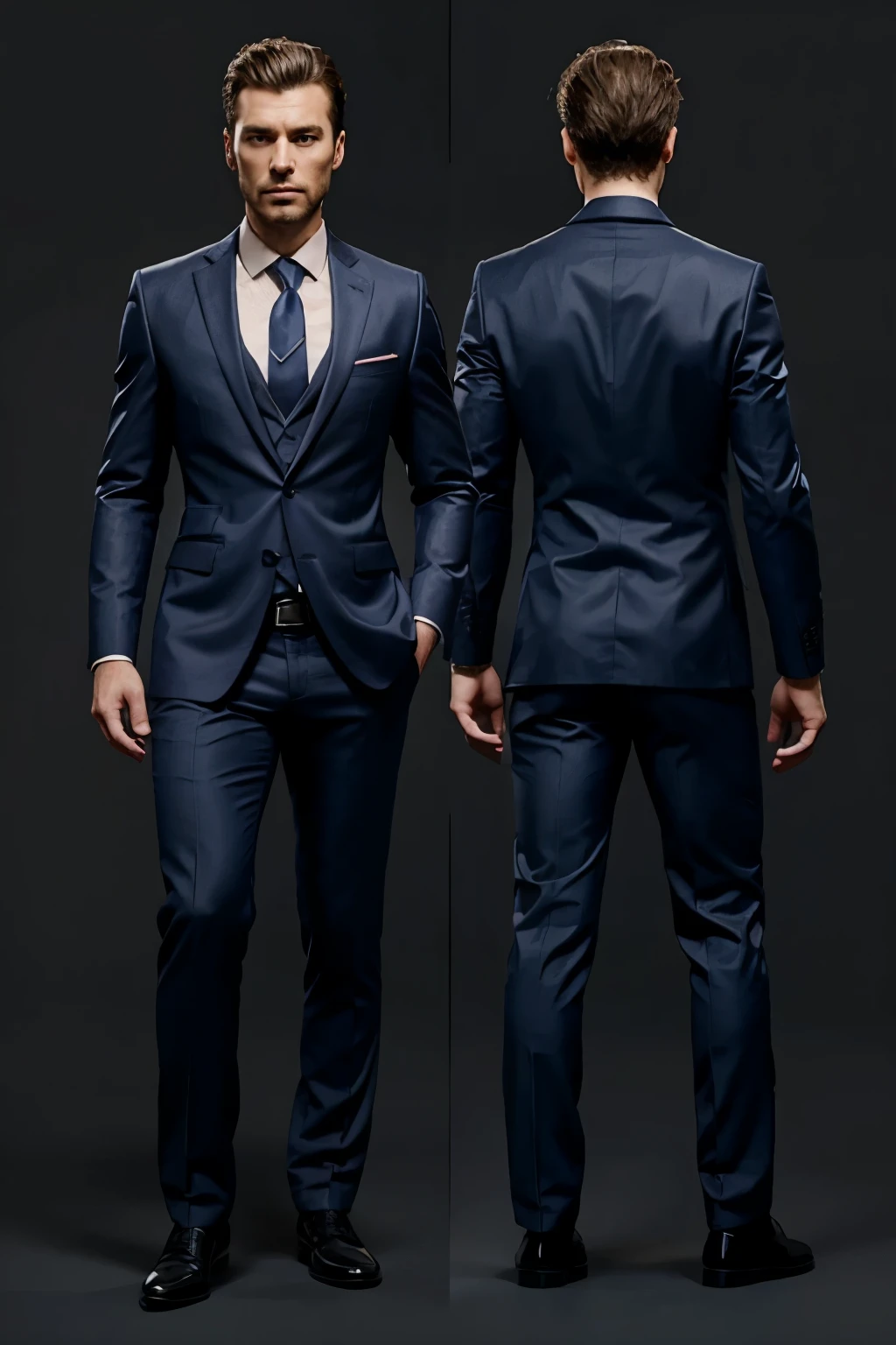 Guy wearing suit all face sides concept art