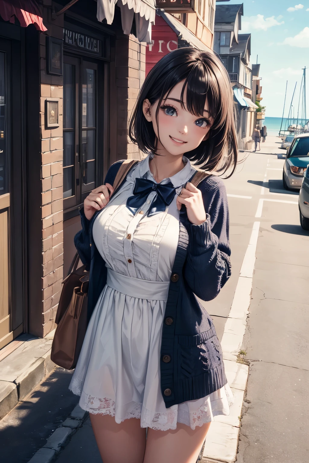 very cute and beautiful girl,(highly detailed beautiful face and eyes),
frilled white summer dress with detailed lace,(navyblue cardigan),standing,
road side of seaside town street,harbor,marina,beautiful summer sky,
(smile:1.2),happy,black hair,mid shot,holding cute fashion bag,detailed legs,
(best quality,masterpiece),absurdres,highres,ultra-detailed,extremely detailed,32k,8k resolution,
intricate details,cinematic scene,detailed background,solo,dynamic angle,