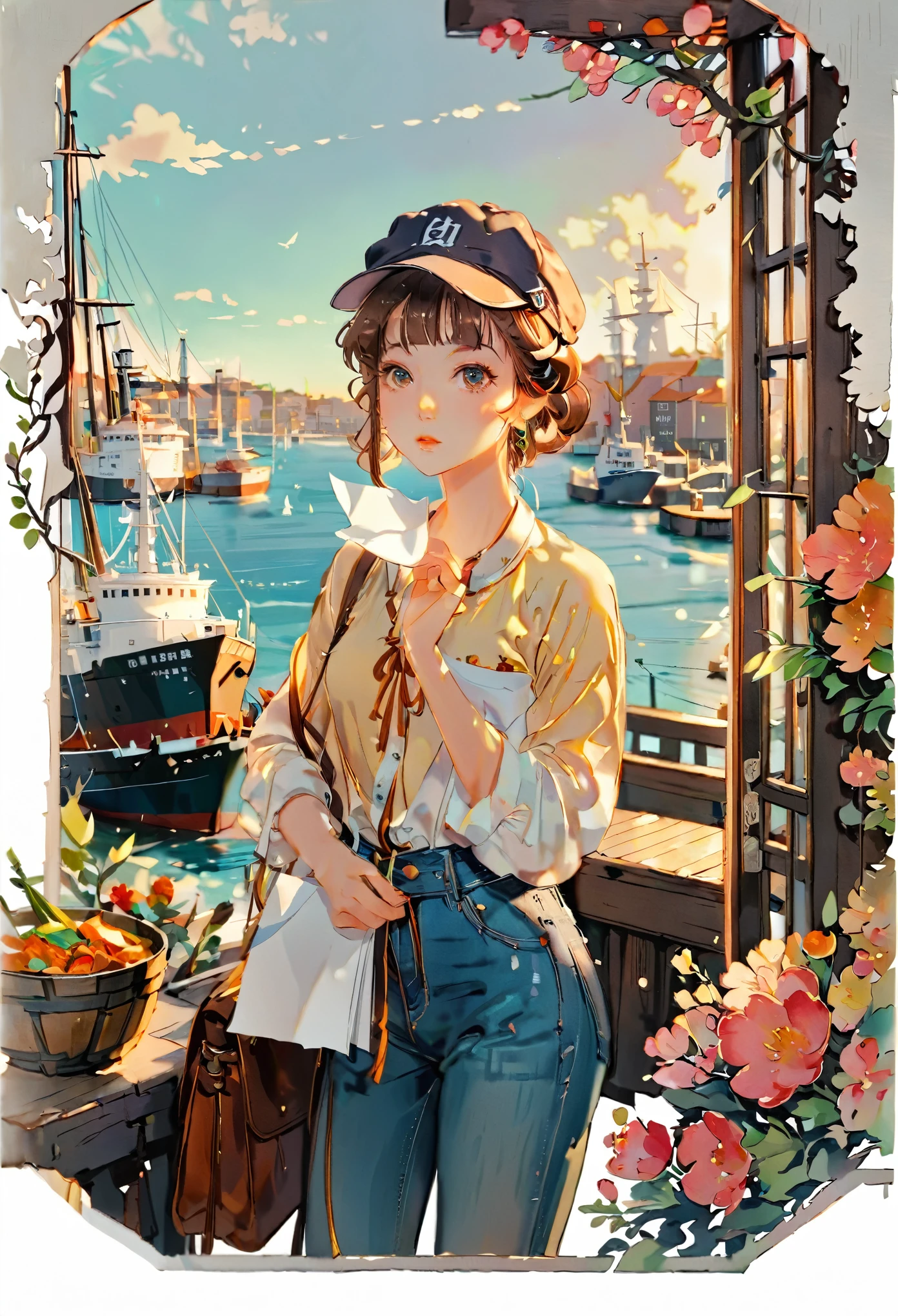 (((How to cut paper))), 1 girl, Short brown curry hair, cap, Shirts and denim, portfolio, Ports and ships