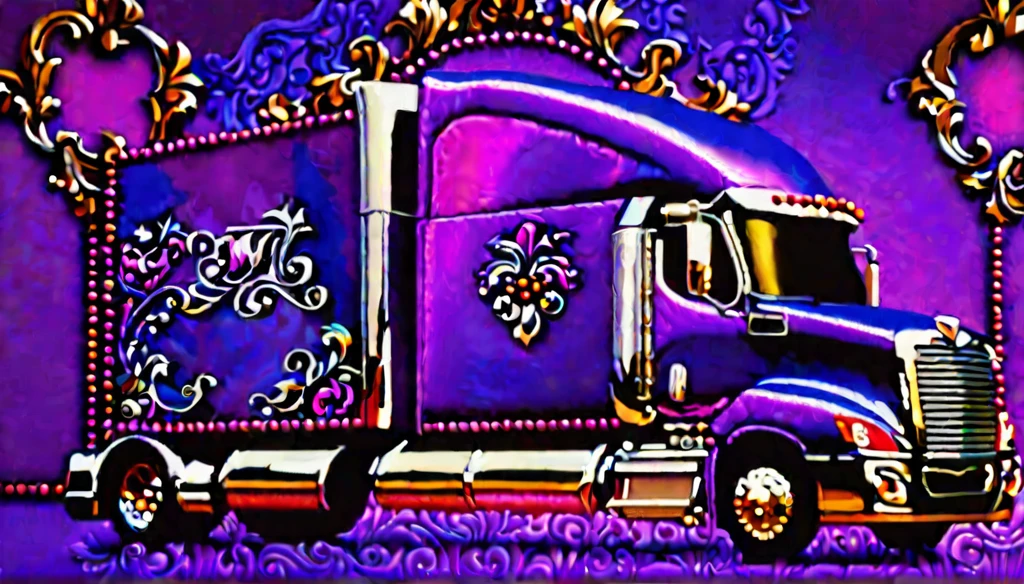 a highly detailed 18-wheeler truck, embroidered with intricate patterns, double stitching, silver beads along the edges, set against a vibrant purple baroque background, award-winning digital art, 8k, photorealistic, extremely detailed, cinematic lighting, volumetric lighting, dramatic shadows, lush colors, elegant, ornate, luxurious, masterpiece