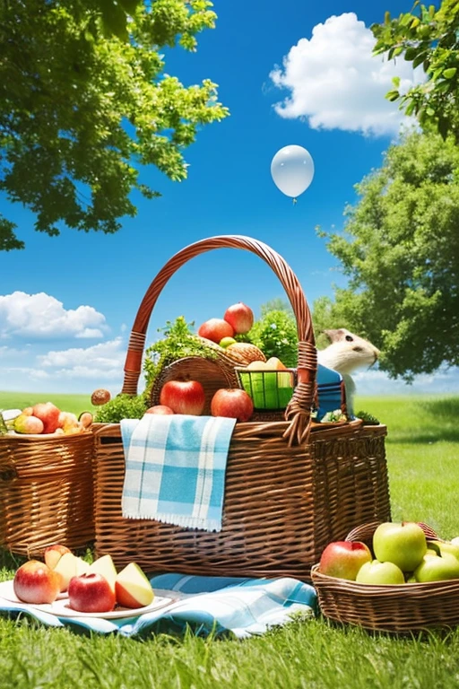 Elements of the picture: Background: Blue sky with white clouds, green grass, trees in the distance々
AnimalsRabbit(Have a picnic basket)
squirrel(Eating apples)
tortoise(Have a sandwich)
birdie(I'm on the blanket)
Picnic Items Blanket Picnic Basket(There's a sandwich inside、fruits、juice)
balloon(Floating next to the blanket)