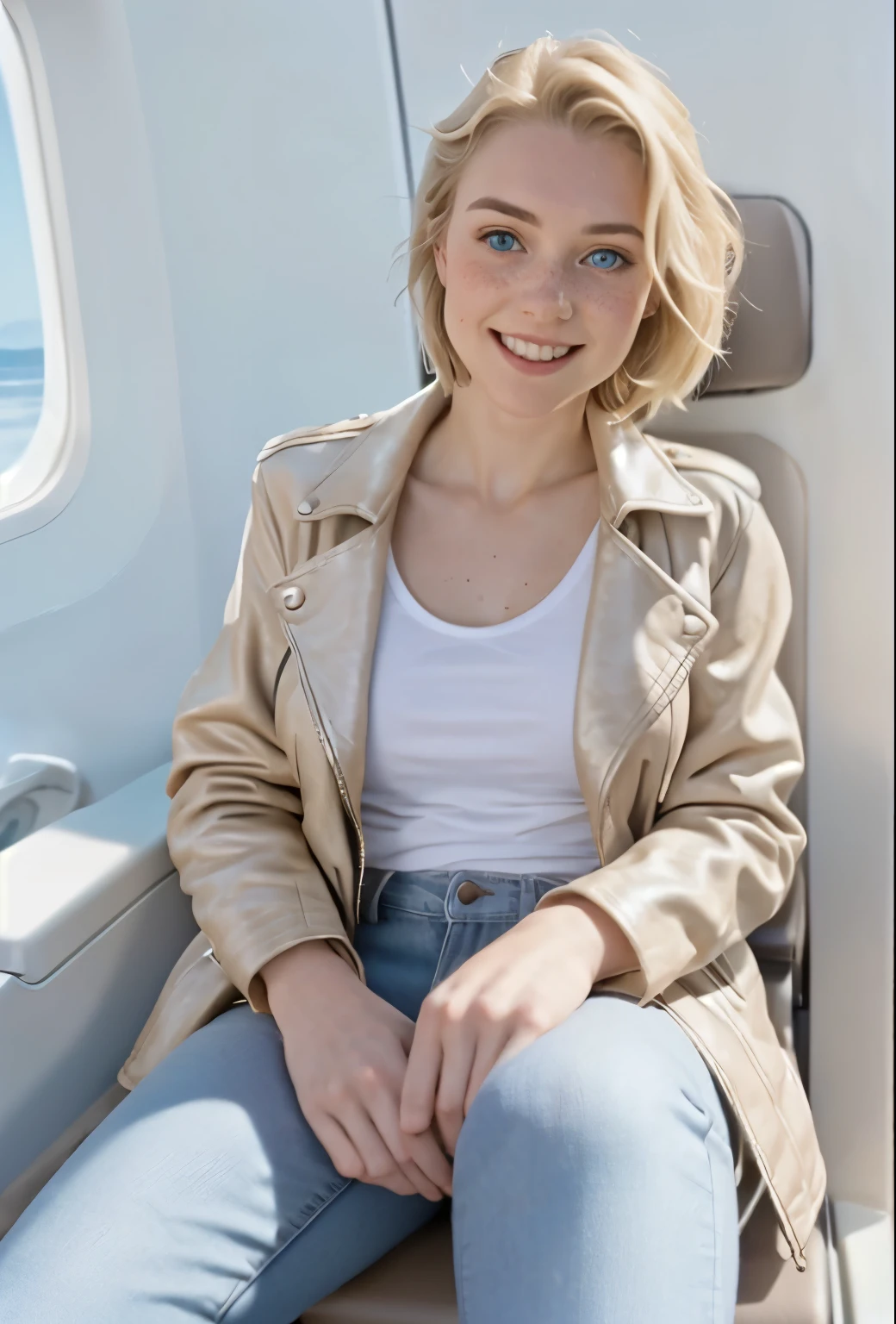 A 21-year-old girl named Kate, with short blonde hair, beautiful medium breasts, height of 1.60m, white British style, light blue eyes. Kate is beautiful, with an angelic face, and has freckles in the nose area. She is wearing a beige leather women's jacket with a white shirt, very light jeans, and white sneakers. Kate is sitting in an airplane seat, looking slightly to the side, facing the camera. Kate is happy.