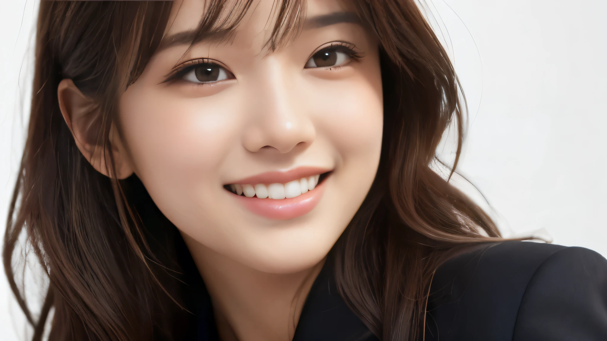 (Realistic: 1.4), (highest quality: 1.4), (fine grain), Full Body Shot, ((White Background)), ((One Young Woman)), Black wavy hair, ((suit)), Big eyes, Blushed, ((smile)), Highly detailed face and skin texture, Healthy Skin, 8K resolution