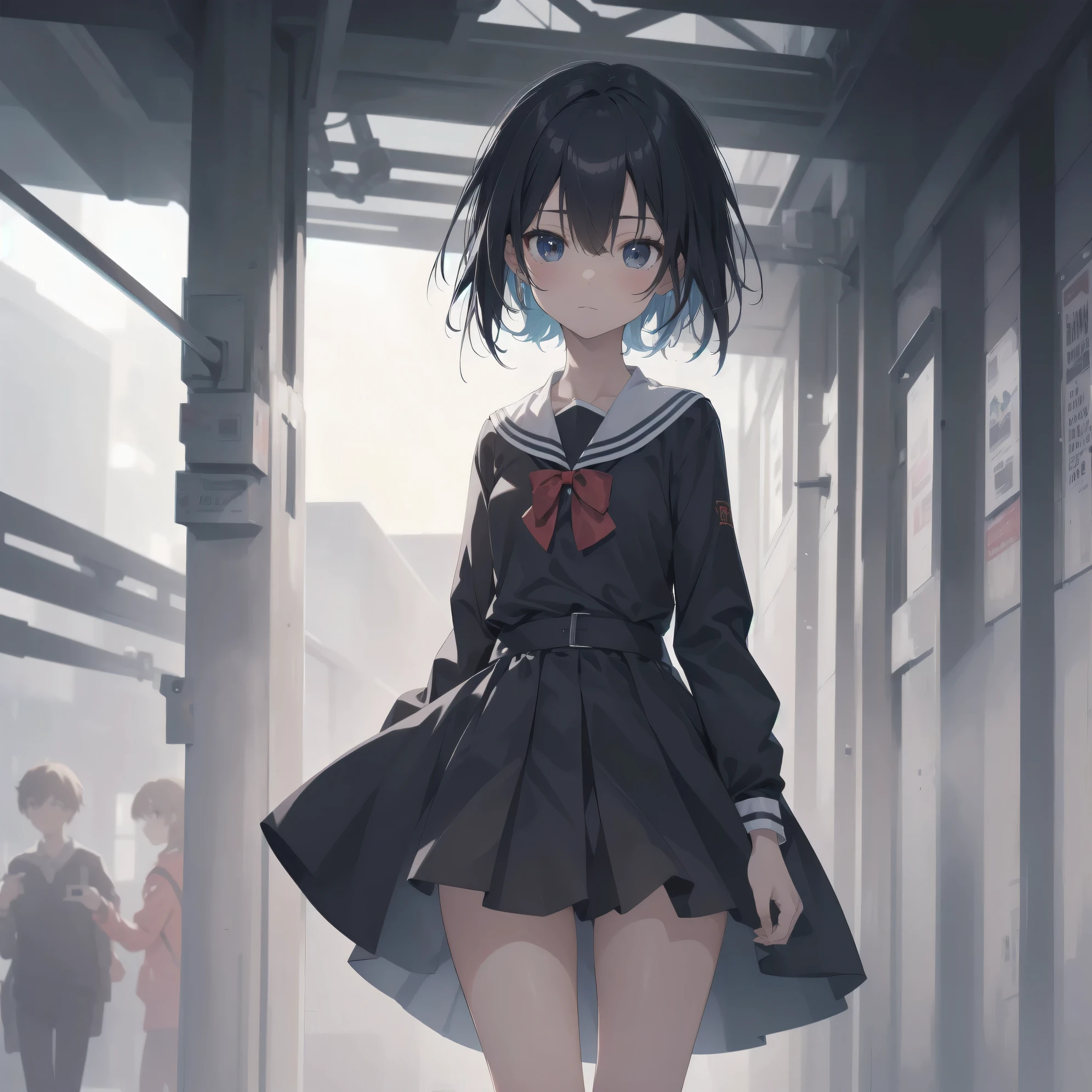 ultra-absurdres-Top quality by artist God, ultra-detailed, high resolution, anime moe artstyle, best anime 8k konachan wallpaper, pixiv contest winner, pool:2810, perfect anatomy,break, 1girl, (Please draw a girl walking sleepily to school alone. )break,(Solo,little female, 13-year-old:1.3),Full limbs, complete fingers,a junior high school student, (very short hair), short cut, flat chest, , small butt, small black eyes, beautiful detailed eyes, well-proportioned iris and pupils, expressive eyes, highres detailed hair, soft expression, salor school_uniform, sailor collar, serahuku, bow, pleated skirt,(Detailed Lighting), (Detailed background), in the School commute route. break,super detailed skin, Best cinematic lighting powered by famous artist, 8k,beauty illustration,photoshop_(medium),very aesthetic,break,((artist:drawfag )), artist:clamp ,artist:carnelian ,artist:kantoku ,