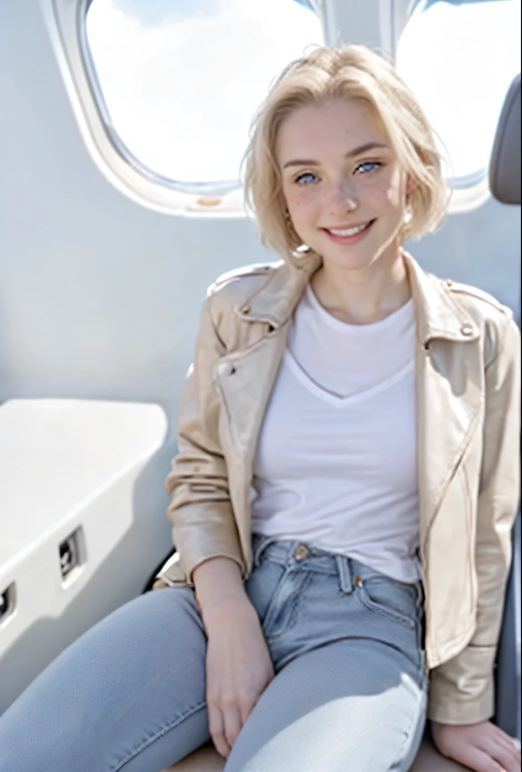 A 21-year-old girl named Kate, with short blonde hair, beautiful medium breasts, height of 1.60m, white British style, light blue eyes. Kate is beautiful, with an angelic face, and has freckles in the nose area. She is wearing a beige leather women's jacket with a white shirt, very light jeans, and white sneakers. Kate is sitting in an airplane seat, looking slightly to the side, facing the camera. Kate is happy.