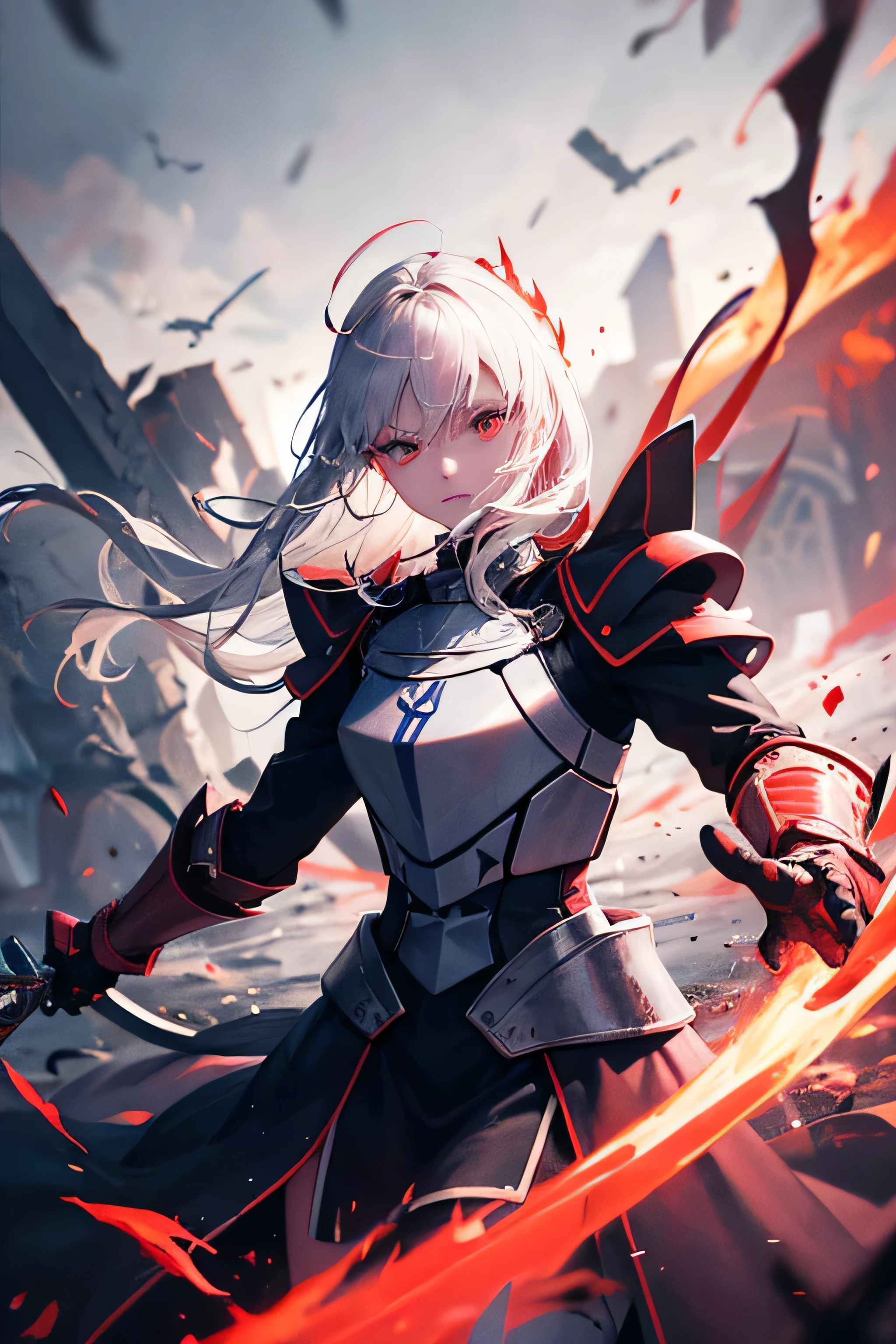 ((best quality)), ((masterpiece)), (detailed), perfect face, Artoria ((Fate)), beautiful face, beautiful body, cold gaze, red eyes, glowing eyes, detailed eyes, white hair, detailed hair, holding sword, black sword, weapon, realistic, fighting style, red glowing sword, black aura, red aura, black particles, red particles, black armor dress, bettlefield, chaos, flames, red light, ((best resolution)).