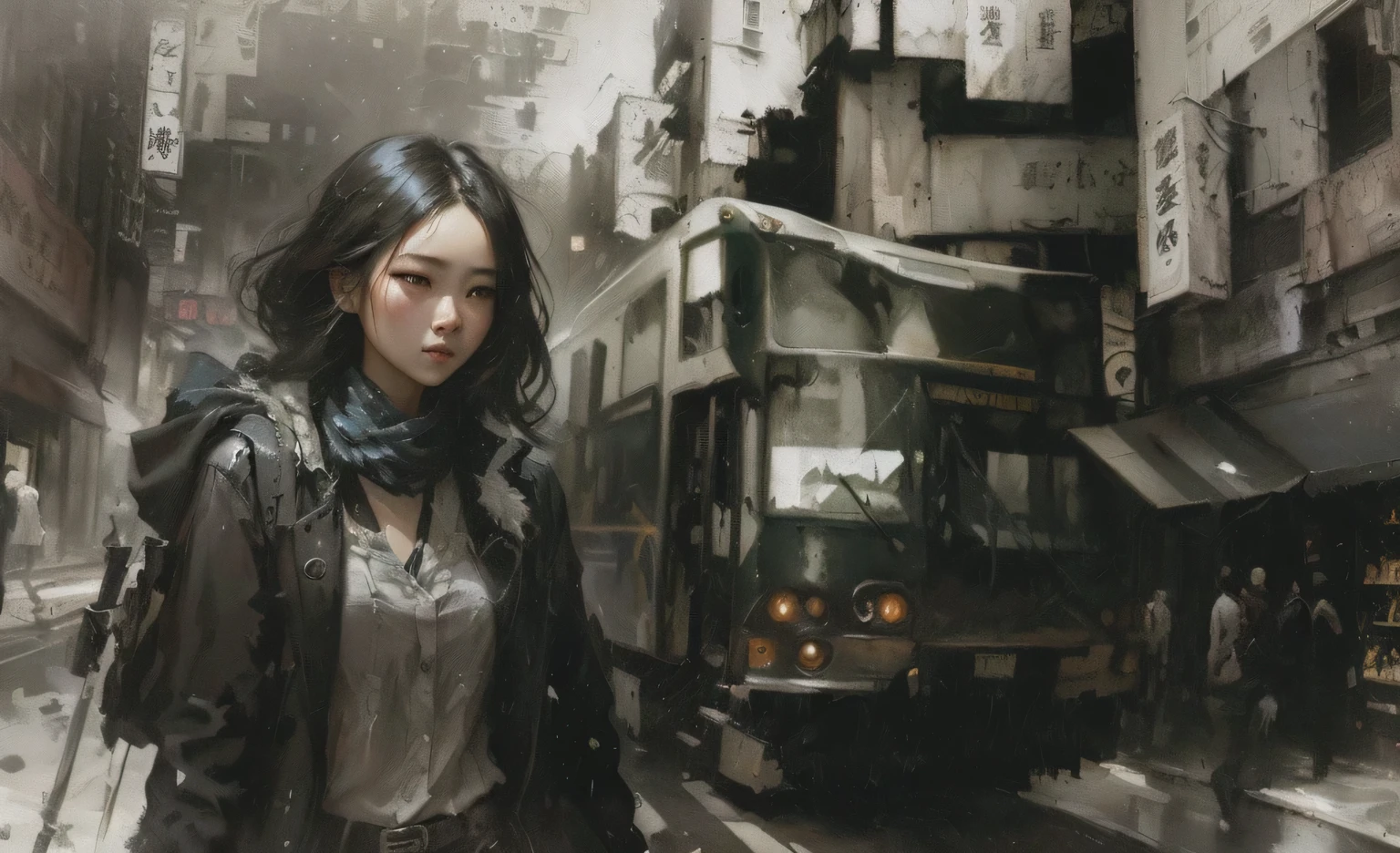 Painting of a woman walking down a city street, with influence of Jeremy Mann, Gweitz masterpiece, artwork in the style of Gweitz, style of Jeremy Mann, Gweitz, Jeremy Mann, Inspired by Yanjun Chen, Jeremy Mann art, Jeremy Mann painting, Written by Zou Zhe, by Zhang Han, hiroya oku painterly, Sharp images, High contrast, Adding color