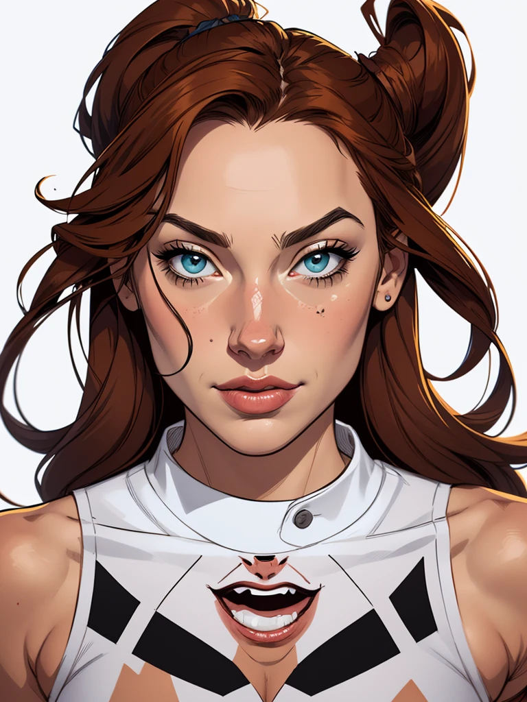 Personagem Yvonne Strahovski omagem de desenho animado de uma mulher .cartoon style illustration, estilo de arte dos desenhos animados, estilo de arte dos desenhos animados, digital illustration style, design de personagens altamente detalhado, arte digital detalhada fofa, City fan art, Design de personagens de retrato, beautiful digital illustration, retrato de alta qualidade, Arte em quadrinhos, mulher jovem. expression of sexual desire white background