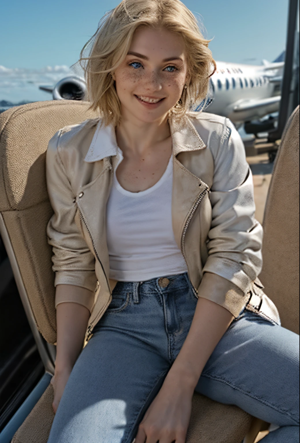 A 21-year-old girl named Kate, with short blonde hair, beautiful medium breasts, height of 1.60m, white British style, light blue eyes. Kate is beautiful, with an angelic face, and has freckles in the nose area. She is wearing a beige leather women's jacket with a white shirt, very light jeans, and white sneakers. Kate is sitting in an airplane seat, looking slightly to the side, facing the camera. Kate is happy.