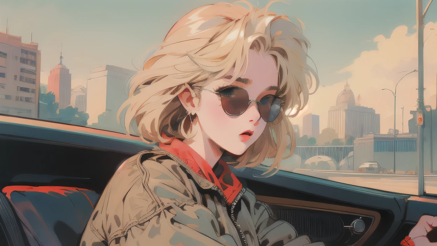 best quality, 4K wallpaper, masterpiece, extremely detailed CG unity 8k wallpaper, extremely detailed eyes, ultra-detailed, intricate details, Yellow-haired girl, sunglasses, cityscape, driving, retro style