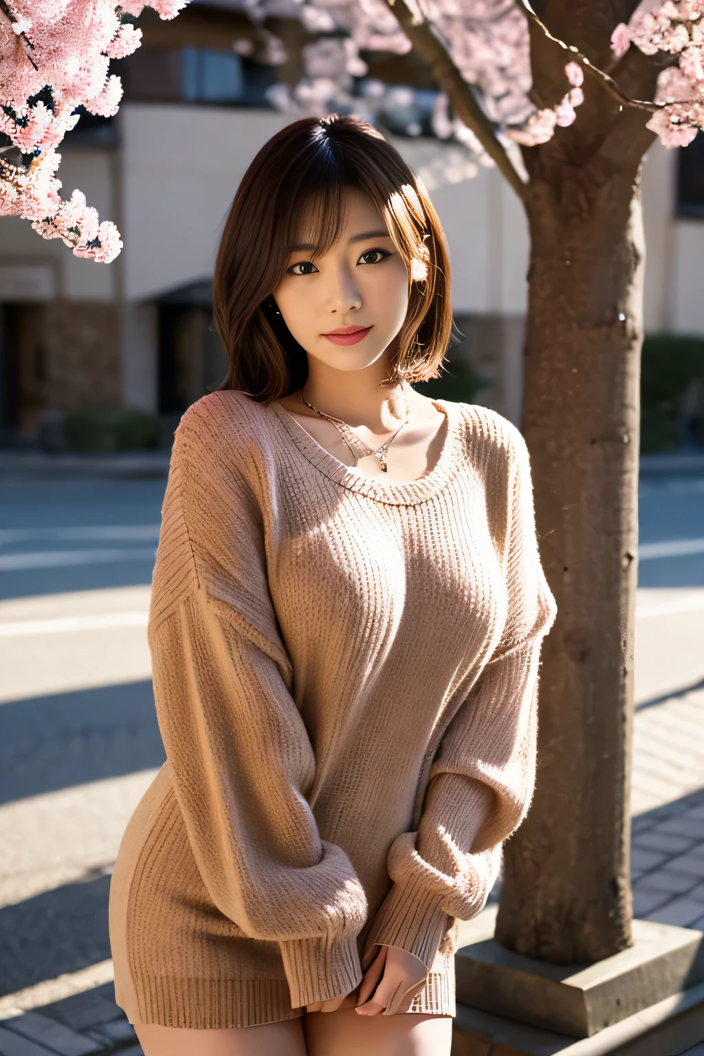 Japanese actress Tsukasa Aoi、Cute Japanese Women、Big ample breasts、Very short bob hair、whole body、stockings、necklace、Simple Background、cute、Professional Lighting、Photon Mapping、Excellent image quality、High resolution、Exquisite CGI、 Extreme light and shadow、My hair is messy、Rich details、Exquisite facial features、Spring Clothes、Spring-like scenery、Cherry-colored knit