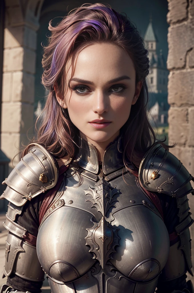 Kiera Knightley, brut, belle femme, ((portrait)), ((detailed face, colorful rainbow hair:1.2)), ((detailed facial feature, detailed skin, peau propre, parted lips), (corps parfaitement proportionné, seins moyens, clivage), (portant une élégante armure dorée, full armor: 1.5)), armure d'or avec beaucoup de détails, (high detailed castle: 1.3), (Realistic photo, Best quality, detailed), (Fond d'écran 8K), (Cinematic lighting, Dramatic lighting) (Sharpness, Complexe)