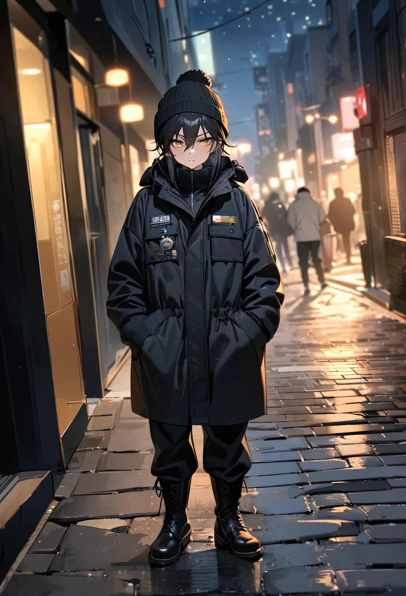 One person, androgynous, teenager, boy, very short black hair, sharp teeth, yellow eyes, no shine in the eyes, morbid look, expression of anger and disappointment, tiredness, black beanie, black coat, hands in coat pocket, cargo pants black, black leather boots, winter night, on the sidewalk, dark street, heavy air, UHD, masterpiece, anatomically correct, super detail, high details, high quality, award winning, best quality, highres