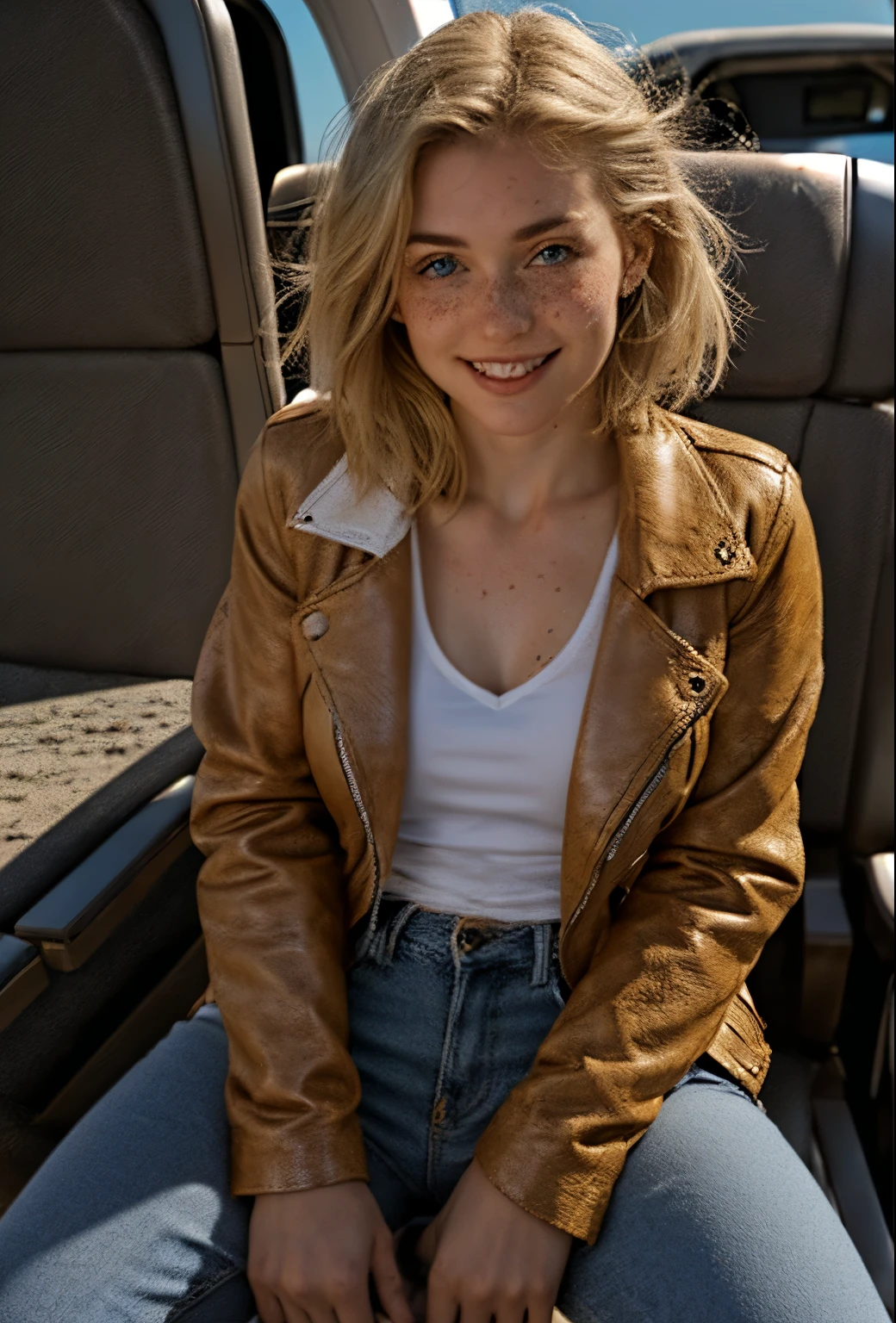 A 21-year-old girl named Kate, with short blonde hair, beautiful medium breasts, height of 1.60m, white British style, light blue eyes. Kate is beautiful, with an angelic face, and has freckles in the nose area. She is wearing a beige leather women's jacket with a white shirt, very light jeans, and white sneakers. Kate is sitting in an airplane seat, looking slightly to the side, facing the camera. Kate is happy.