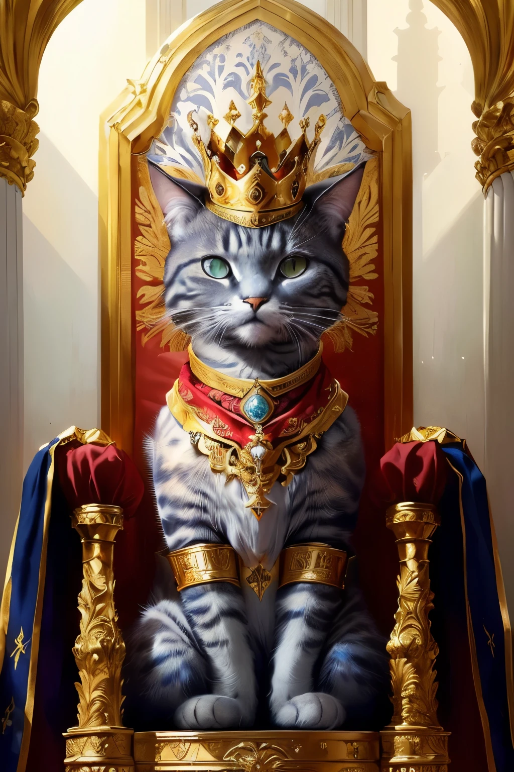 a cat Sentado en un trono with a crown on it, Dios de los gatos, gato guerrero, encaramado en el intrincado trono, gato blindado, retrato real, sentado en su trono, Retrato de un rey, en su trono, gato antropomorfo, Sentado en un trono, sentarse en el trono, hermosa reina perla animal, gato elegante, sentado en su trono