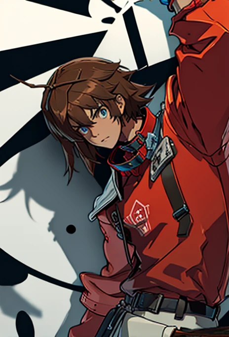 Human Male, Brown hair, wearing red shirt, ((wearing big metal Collar )), BLUE pupils, Guilty Gear