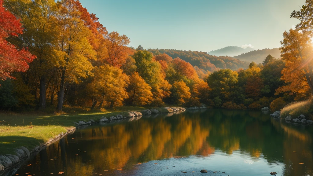 a beautiful autumn landscape, lush green trees with vivid orange and red leaves, rolling hills in the distance, a tranquil lake reflecting the colorful foliage, warm golden sunlight filtering through the branches, (best quality,8k,highres,masterpiece:1.2),ultra-detailed,(realistic,photorealistic,photo-realistic:1.37),detailed landscape,cinematic lighting,dynamic composition,vibrant colors,dramatic shadows,breathtaking scenery,idyllic countryside