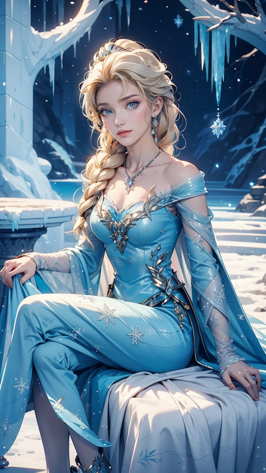 Disney Movies「Frozen」、Elsa、Sit on the ice throne in the ice castle、rest one's chin on one's chin、smile、Crossing your legs