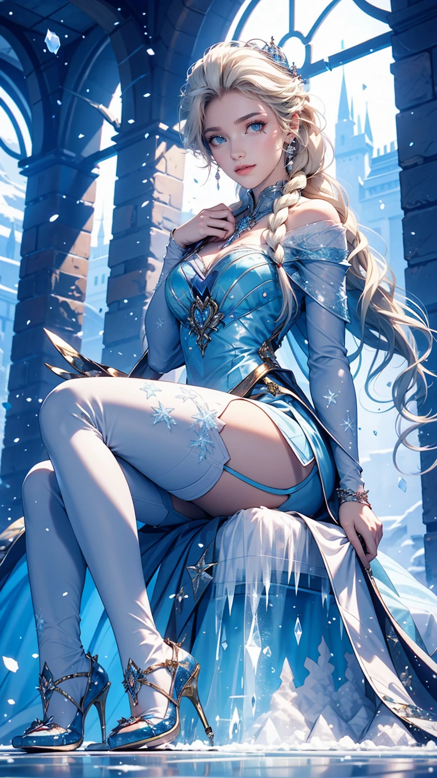 Disney Movies「Frozen」、Elsa、Sit on the ice throne in the ice castle、rest one's chin on one's chin、smile、Crossing your legs