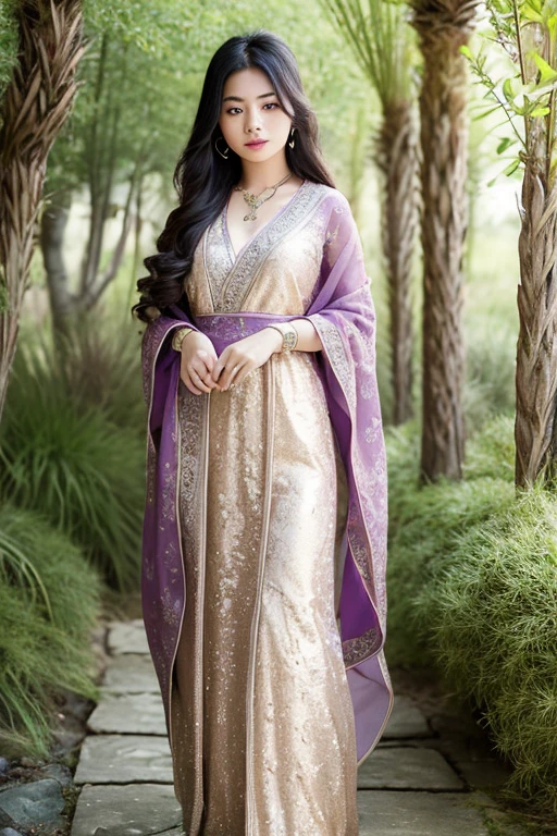 Create a masterpiece image of an exceptionally beautiful Asian girl with an angelic and innocent face. She should be adorned with radiant, intricate jewelry that catches the light, including gemstone earrings, a sparkling necklace, and delicate bracelets. Her attire should be mystical and captivating, made from rich fabrics such as silk and satin, with flowing designs and intricate patterns like classic floral motifs or mystical symbols.
She could be wearing a long dress with light, ethereal layers in enchanting colors like emerald green, twilight purple, or wine red, with meticulously embroidered details in gold or silver thread. Her hair could be long and silky, styled naturally or elegantly pinned up with delicate hair accessories like gold pins or fresh flowers.
The background should be an enchanting setting, perhaps a magical forest with shimmering light filtering through the leaves, or an ancient palace with intricate architecture and flickering candlelight. The lighting in the image should be professionally arranged, with soft rays gently illuminating her body and face, creating a shimmering and magical effect. Her posture and expression should convey a graceful elegance and an otherworldly charm, as if she is a goddess or a character stepping out of legend.