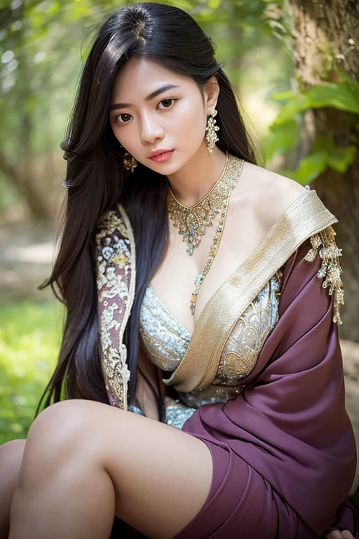 Create a masterpiece image of an exceptionally beautiful Asian girl with an angelic and innocent face. She should be adorned with radiant, intricate jewelry that catches the light, including gemstone earrings, a sparkling necklace, and delicate bracelets. Her attire should be mystical and captivating, made from rich fabrics such as silk and satin, with flowing designs and intricate patterns like classic floral motifs or mystical symbols.
She could be wearing a long dress with light, ethereal layers in enchanting colors like emerald green, twilight purple, or wine red, with meticulously embroidered details in gold or silver thread. Her hair could be long and silky, styled naturally or elegantly pinned up with delicate hair accessories like gold pins or fresh flowers.
The background should be an enchanting setting, perhaps a magical forest with shimmering light filtering through the leaves, or an ancient palace with intricate architecture and flickering candlelight. The lighting in the image should be professionally arranged, with soft rays gently illuminating her body and face, creating a shimmering and magical effect. Her posture and expression should convey a graceful elegance and an otherworldly charm, as if she is a goddess or a character stepping out of legend.