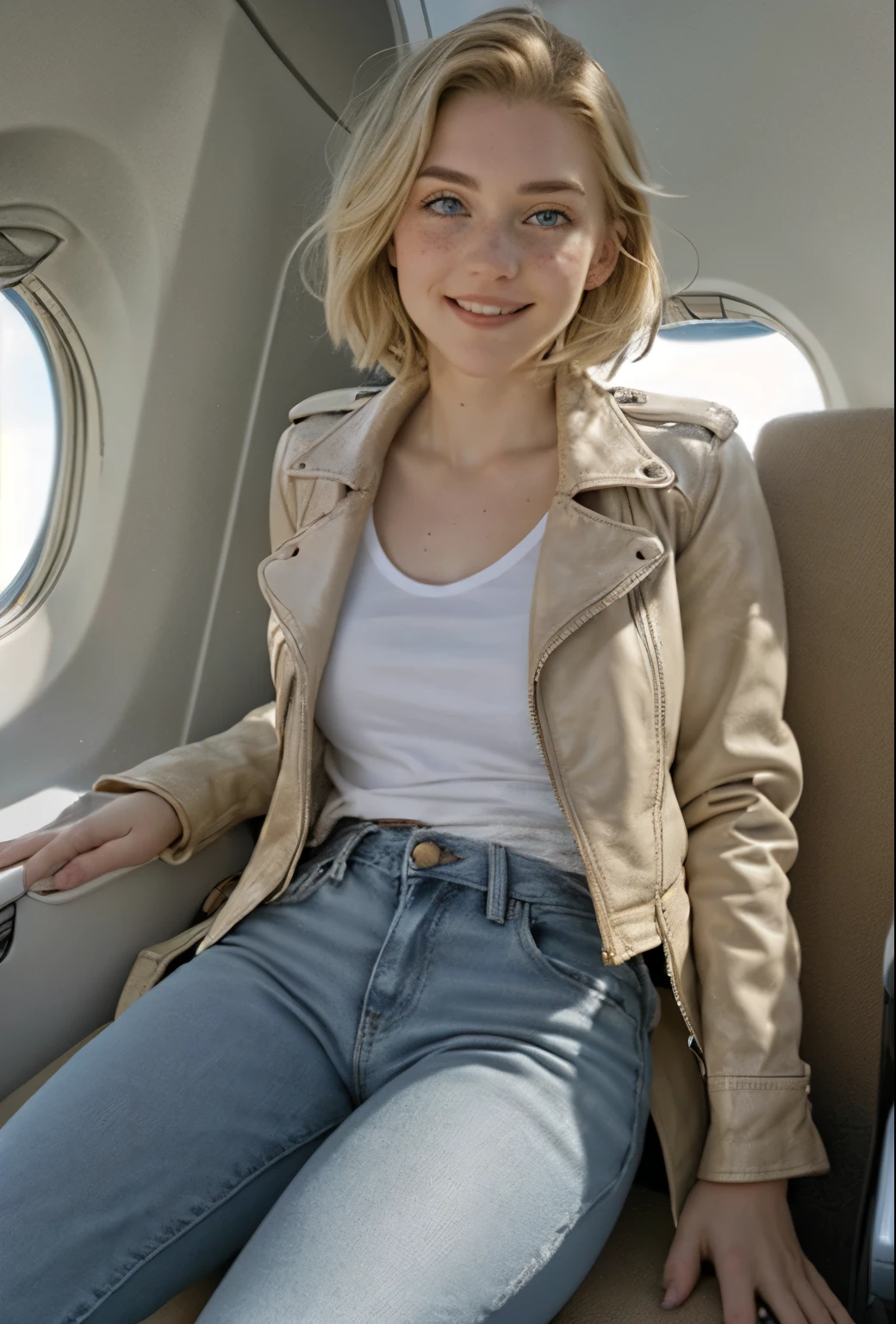 A 21-year-old girl named Kate, with short blonde hair, beautiful medium breasts, height of 1.60m, white British style, light blue eyes. Kate is beautiful, with an angelic face, and has freckles in the nose area. She is wearing a beige leather women's jacket with a white shirt, very light jeans, and white sneakers. Kate is sitting in an airplane seat, looking slightly to the side, facing the camera. Kate is happy.