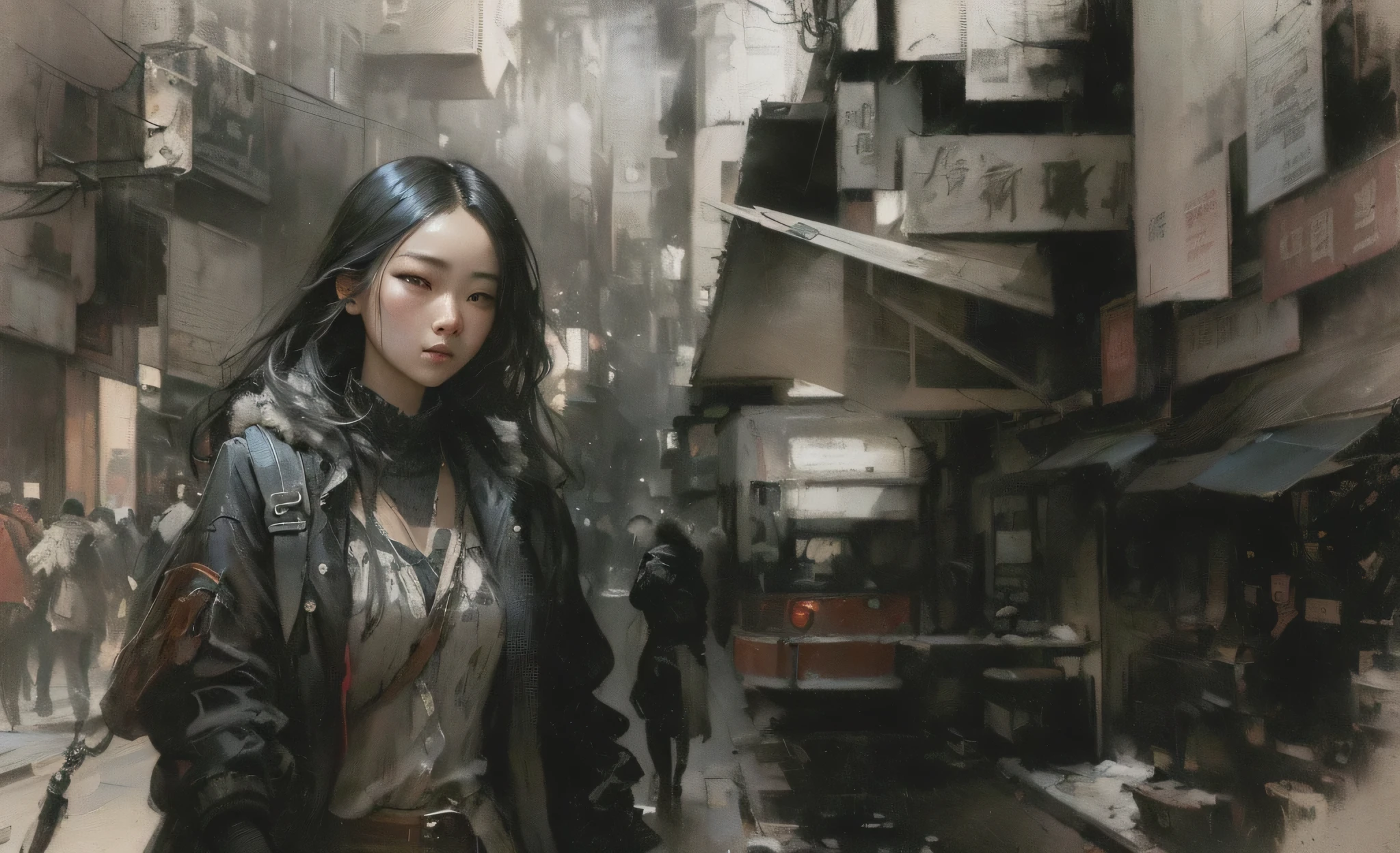 Painting of a woman walking down a city street, with influence of Jeremy Mann, Gweitz masterpiece, artwork in the style of Gweitz, style of Jeremy Mann, Gweitz, Jeremy Mann, Inspired by Yanjun Chen, Jeremy Mann art, Jeremy Mann painting, Written by Zou Zhe, by Zhang Han, hiroya oku painterly, Sharp images, High contrast, Adding color