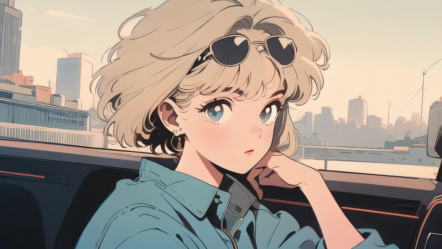 best quality, 4K wallpaper, masterpiece, extremely detailed CG unity 8k wallpaper, extremely detailed eyes, ultra-detailed, intricate details, Yellow-haired girl, sunglasses, cityscape, driving, retro style
