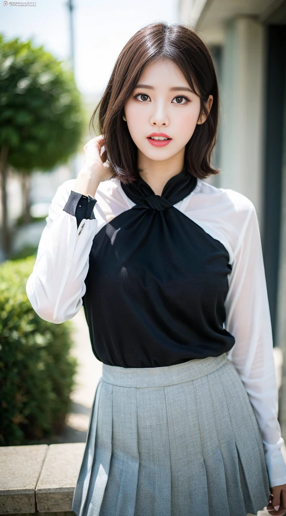 ((Best Quality, 8K, masutepiece:1.3, 1 girl, Beautiful Girl)), Cute, Dynamism, Detailed face, Detailed skin, Detailed eyes, Detailed lips, Detailed fingers, Detailed mouth, detailed tooth, Detailed tongue, Round eyes, Tear bag, Photorealistic, Raw photo, Natural light, highres, Perfect Anatomy, toned legs, highres, detailed clothes, sweaty, (pantyhose), , white shirt, tie, pleated skirt, bokeh, nightsky, outdoor, short bob hair, big breasts:1.1
