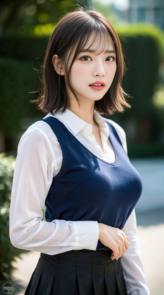 Korean 、summer  shirt、Tight shirt、Ribbon Ties、skirt by the、schools、stairs at school、chest lifting pose、Emphasis on the chest、Slender and large、8K raw photos、A high resolution、18-year-old Korean、embarrassing looking、very large round breasts、Beautiful eyes finely detailed、long eyelasher、beautiful double eyelid、eye shadows、eyeline、slender eyes、Elongated eye shape、Sanpaku eyes、beautiful and thin legs、Beautiful slender thighs、Random Shorthair、Tie your hair behind your head、耳Nipple Ring、Light brown hair、(Wear pantyhose)、Hold your knees, fishnet stocking 